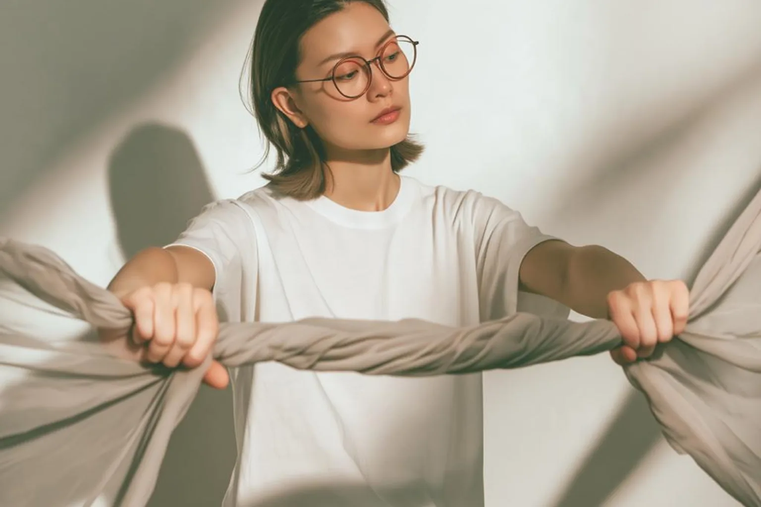 女士雙手拉緊一條扭結的布，象徵解開內在角力